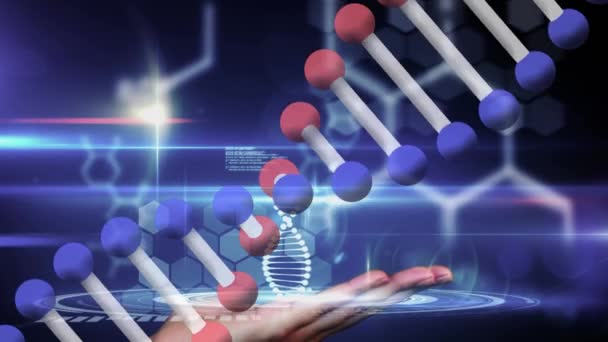 Animation Chemical Dna Structures Spinning Hand Light Spot Blue Background — Stockvideo