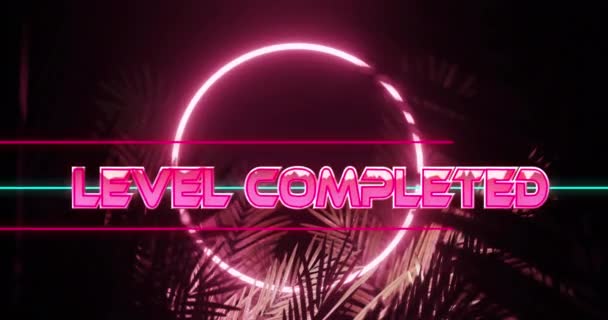 Animation Level Completed Text Shiny Pink Ring Pink Neon Palm — Stock video