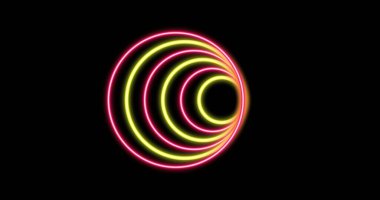 Image of glowing pink and yellow circles over black background. Colour and movement concept digitally generated image.