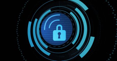 Image of digital padlock and wi fi in processing circle on black background. Data processing, digital security and technology concept digitally generated image.