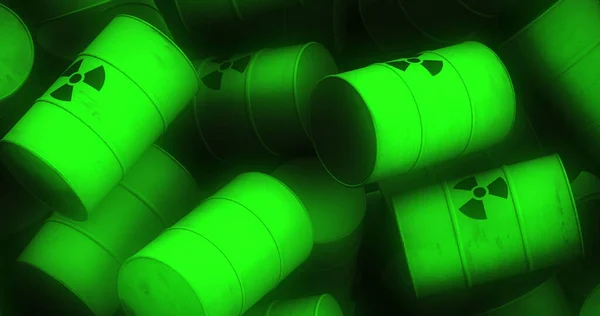 Image Multiple Green Barrels Black Nuclear Symbols Nuclear Power Energy — Fotografia de Stock