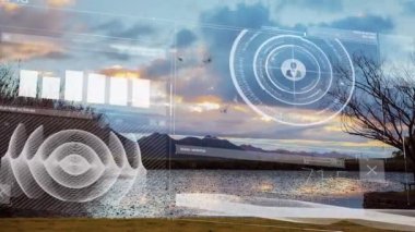 Animation of infographic interface over scenic view of sea against clouds moving in time lapse. Digital composite, multiple exposure, coding, database, nature and scenery concept.