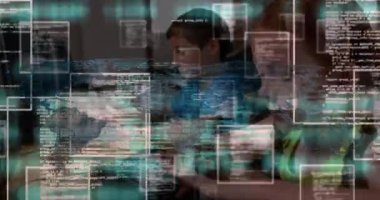 Animation of data processing over world map against caucasian girl using computer at school. School and education technology concept