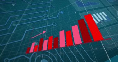 Animation of red graph over motherboard, charts and data processing. Global communication, business, data and digital interface concept digitally generated video.