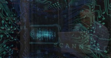 Animation of cyber security data processing against caucasian male engineer working at server room. Cyber security and business technology concept