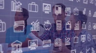 Animation of multiple digital icons moving over diverse colleagues discussing at office. Computer interface and business technology concept