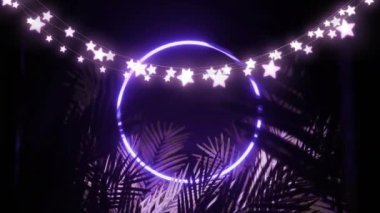 Animation of star string lights and blue neon ring, with palm leaves on black background. Celebration, party, nightlife and festivity, retro future concept digitally generated video.