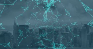 Animation of network of connections floating over aerial view of cityscape. Global networking and business technology concept