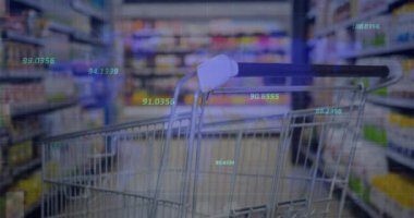Animation of numbers floating and data processing over empty shopping cart at grocery store. Global economy and retail business concept