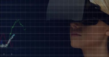 Animation of financial data processing over caucasian businesswoman wearing vr headset. Global finance and business technology concept