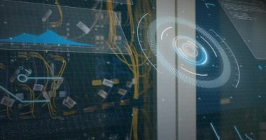 Animation of round scanner and data processing over biracial female engineer working at server room. Computer interface and business data storage technology concept