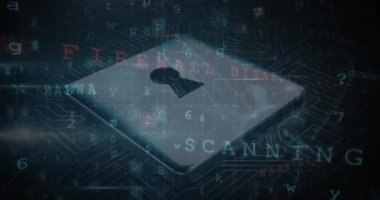 Animation of cyber security data processing over security padlock and microprocessor connections. Cyber security and business technology concept