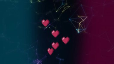 Animation of pink heart icons and network of connections floating against gradient background. Global networking and business technology concept