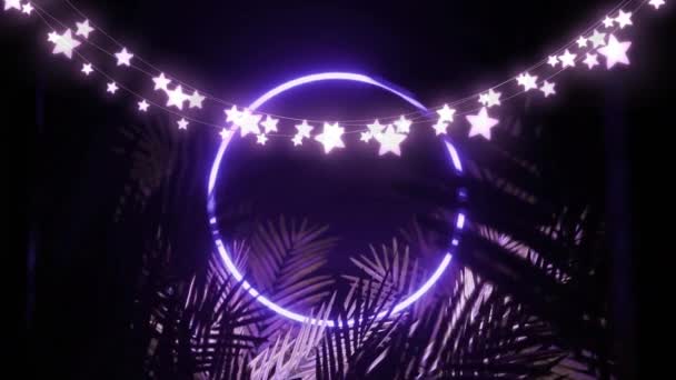 Animation Star String Lights Blue Neon Ring Palm Leaves Black — Vídeos de Stock