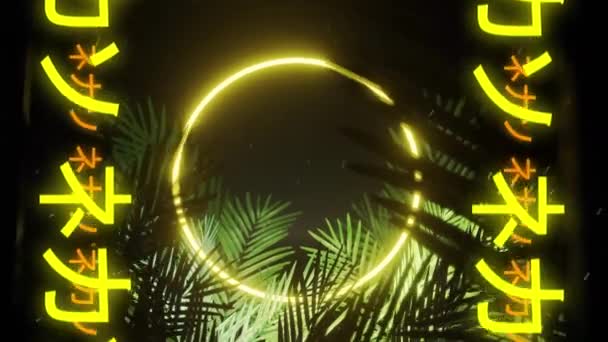 Animation Yellow Orange Japanese Text Yellow Neon Ring Palm Leaves — 图库视频影像