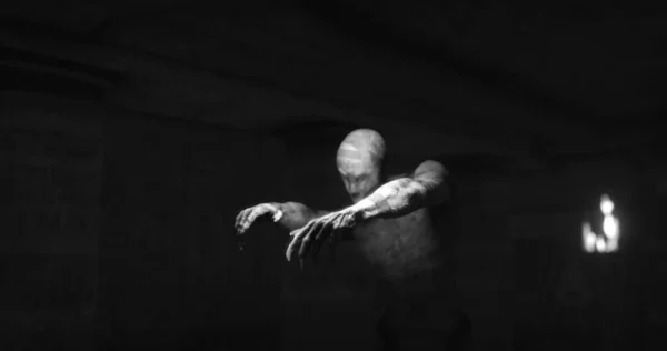 Image Scary Zombie Mummy Walking Dark Room Burning Torches Black — 图库照片