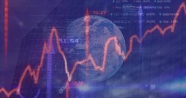 Animation of financial data processing with graph and arrows over globe and modern building. Global business, finances and digital interface concept digitally generated video.