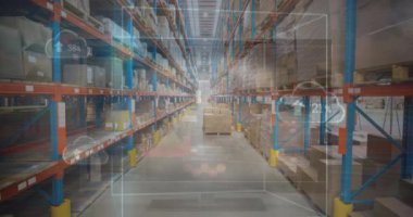 Animation of multiple arrow icons and clouds with increasing percentage against empty warehouse. Logistics business and technology concept