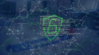 Animation of security padlock icon and data processing over chemical structure and digital wave. Cyber security and medical healthcare technology concept