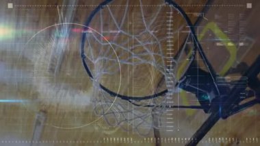 Animation of digital screen with diverse data over basketball basket. Basketball, sport, school team and technology concept digitally generated video.