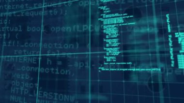 Animation of data processing over computer circuit board on blue background. Global technology, computing and digital interface concept digitally generated video.