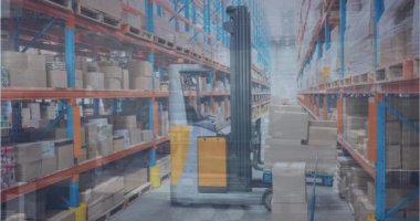 Animation of multiple screens with data processing against forklift operating at warehouse. Logistics business and technology concept