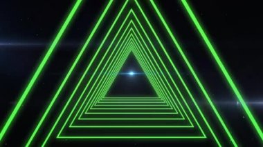 Animation of abstract triangular shape in seamless pattern over light spots against black background. Technology background concept