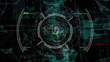 Animation of scope scanning over globe of network of connections and data processing. Computer interface and business networking technology concept