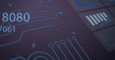 Animation of changing numbers over interface with data processing and microprocessor connections. Computer interface and business technology concept