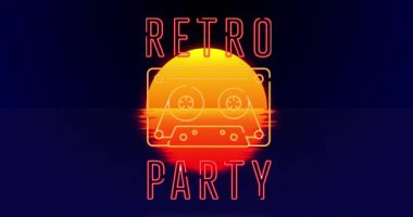Animation of retro party text over sea and sun. Retro future and digital interface concept digitally generated video.
