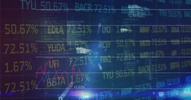 Digital animation of statistical and stock market data processing against blue background. Global economy and business technology concept
