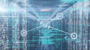 Animation of graph and cart interconnecting with lines over programming code against bar graphs. Hologram, digitally generated, multiple exposure, internet, futuristic, database and technology.
