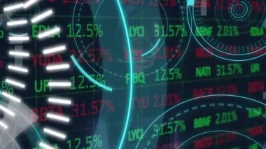 Animation of processing circles and 5g over financial data on navy background. Global network, communication, data processing and technology concept digitally generated video.