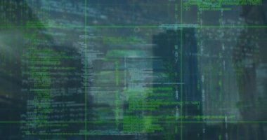 Animation of multiple screens with data processing and security padlock icon against tall buildings. Cyber security and business technology concept