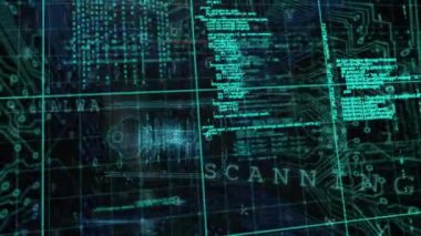 Animation of cyber security data processing over microprocessor connections on black background. Cyber security and business technology concept