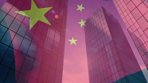 Composite Video China Flag Waving Tall Buildings Global Relations Business — Stok video