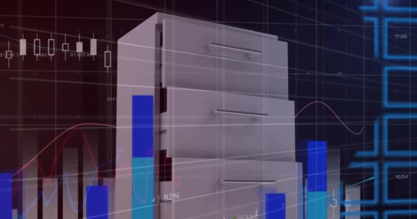 Animation Statistical Data Processing Drawer Cabinet World Map Blue Background — Stockvideo