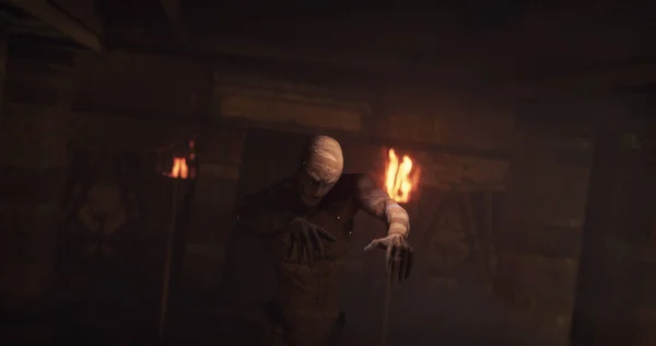 Image Scary Zombie Mummy Walking Dark Crypt Room Burning Torches — 图库照片