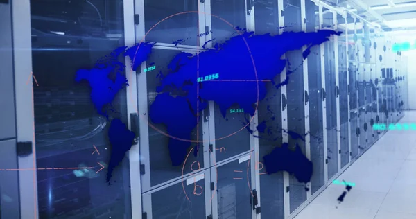 Image of blue world map, processing data and maths calculations over computer server room. Global communication, research, data and network concept digitally generated image.