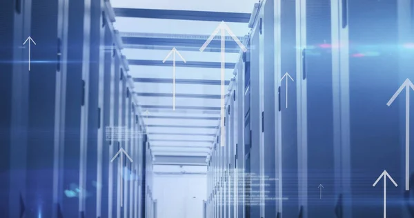 Image of arrows and data processing over computer servers. Global social media, computing, data processing and digital interface concept digitally generated image.