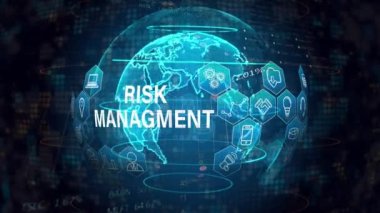 Animation of risk managment text over globe and data processing. Global business and digital interface concept digitally generated video.