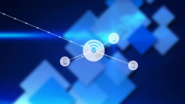 Animation of network of digital icons over multiple square shapes against blue background. Global networking and business technology concept