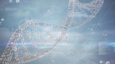 Digital animation of dna and molecular structures over data processing against clouds in the sky. Medical research and science technology concept