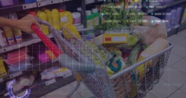 Marketteki market alışverişleriyle dolu alışveriş arabasının üzerinde borsa veri işleme animasyonu. Küresel ekonomi ve perakende ticaret kavramı