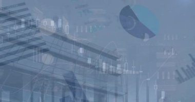 Animation of financial data processing and statistics over cityscape. Business, finance and data processing concept digitally generated video.