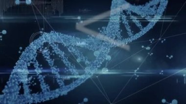 Digital animation of dna and molecular structures over network of connections on blue background. Medical research and science technology concept