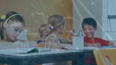 Animation of network of connections over caucasian girl whispering into ear of asian boy at school. School and education technology concept