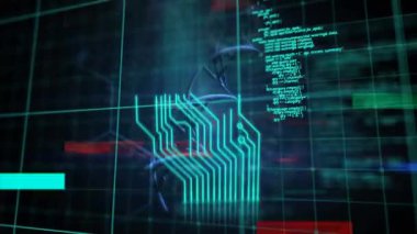 Animation of interference and computer circuit board over data processing and dna strand. Global technology, computing and digital interface concept digitally generated video.
