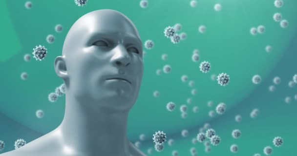 Анимирование Модели Человеческого Лица Множества Клеток Covid Плавающих Синем Фоне — стоковое видео