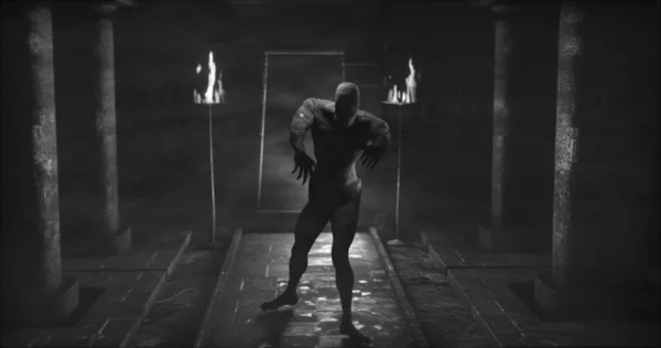 Εικόνα Τρομακτικής Μούμιας Ζόμπι Που Περπατάει Σκοτεινό Δωμάτιο Κρύπτης Πυρσούς — Φωτογραφία Αρχείου